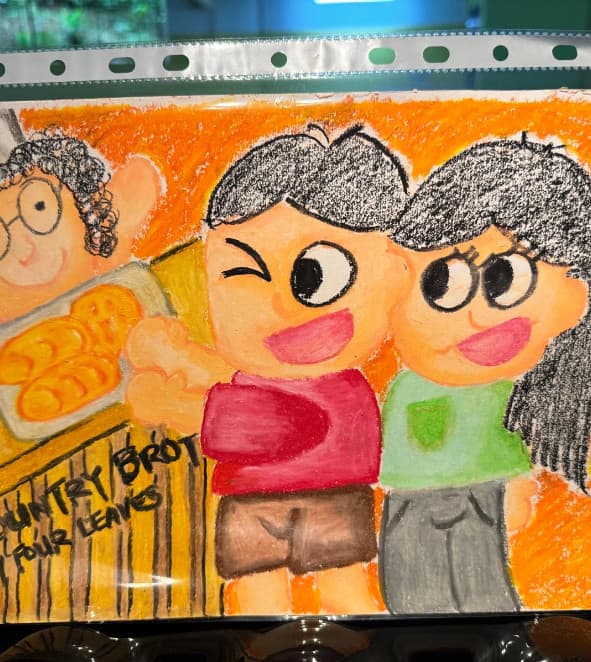 Two friends sharing a tray of cookies, crayon on paper
